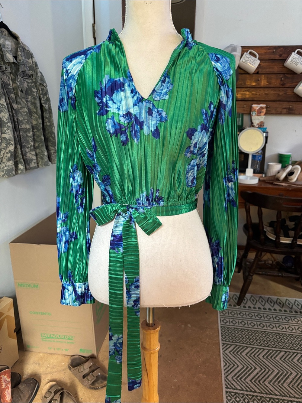 Green Floral Wrap Blouse with Tie Waist